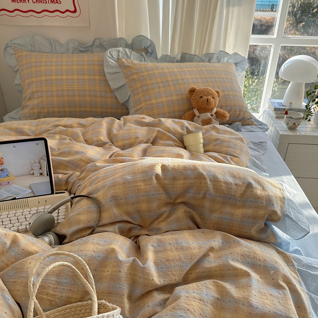 91家纺网 家纺一手货源 找家纺 （总）桃子家居 2026新款A类韩版花边纯棉色织提花格子撞色奶油四件套