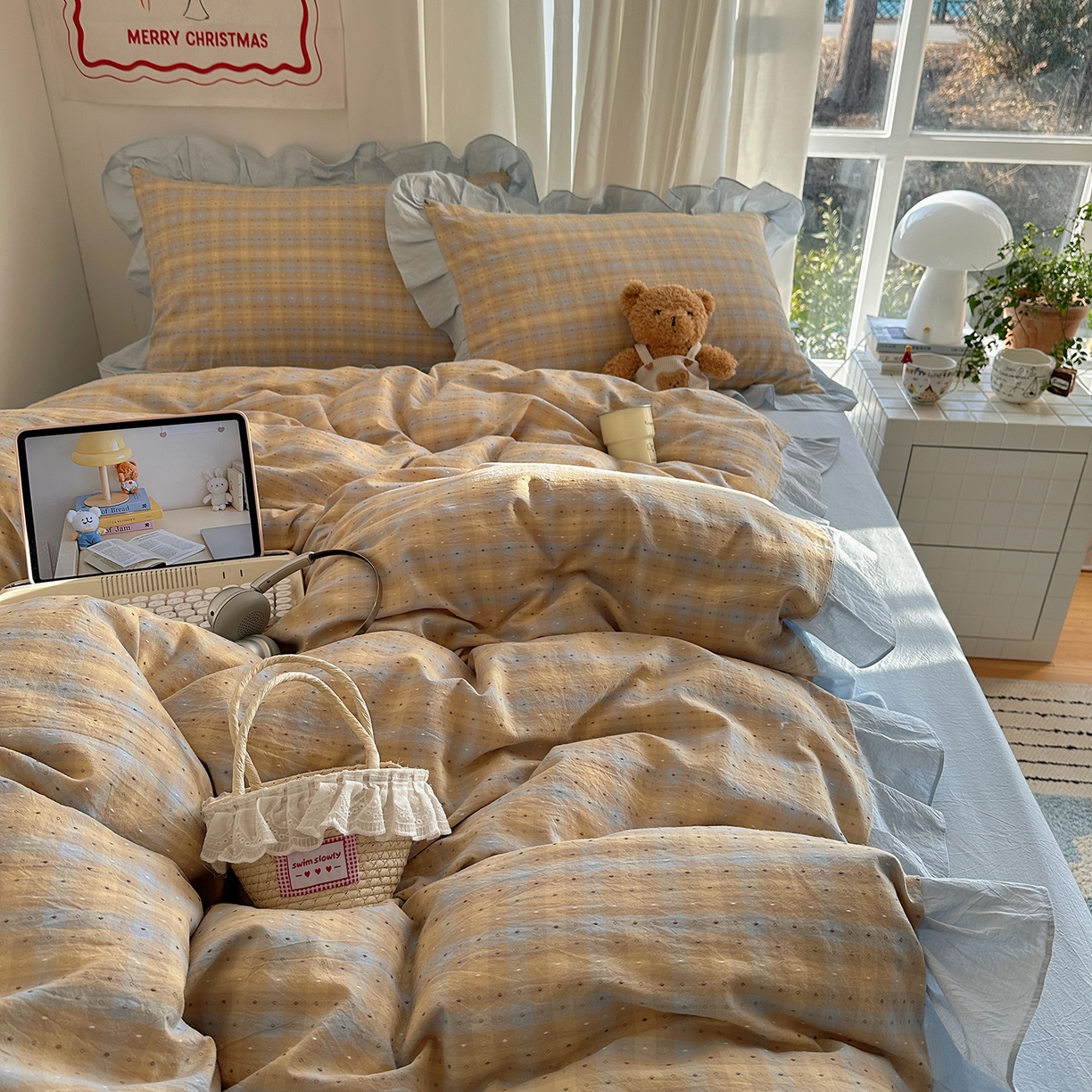 91家纺网 家纺一手货源 找家纺 （总）桃子家居 2026新款A类韩版花边纯棉色织提花格子撞色奶油四件套