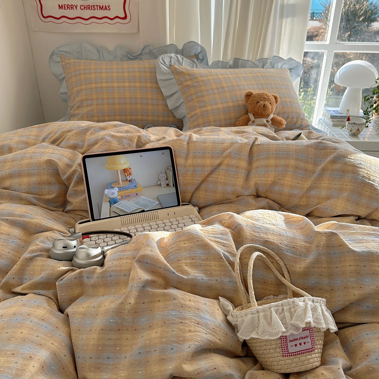 91家纺网 家纺一手货源 找家纺 （总）桃子家居 2026新款A类韩版花边纯棉色织提花格子撞色奶油四件套