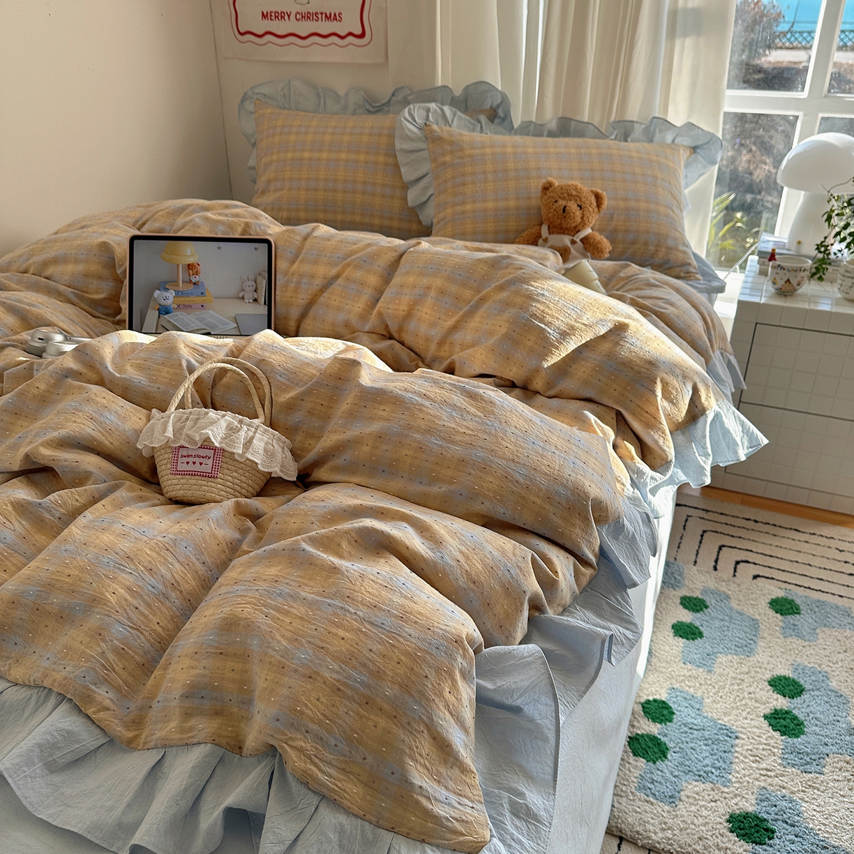 91家纺网 家纺一手货源 找家纺 （总）桃子家居 2026新款A类韩版花边纯棉色织提花格子撞色奶油四件套