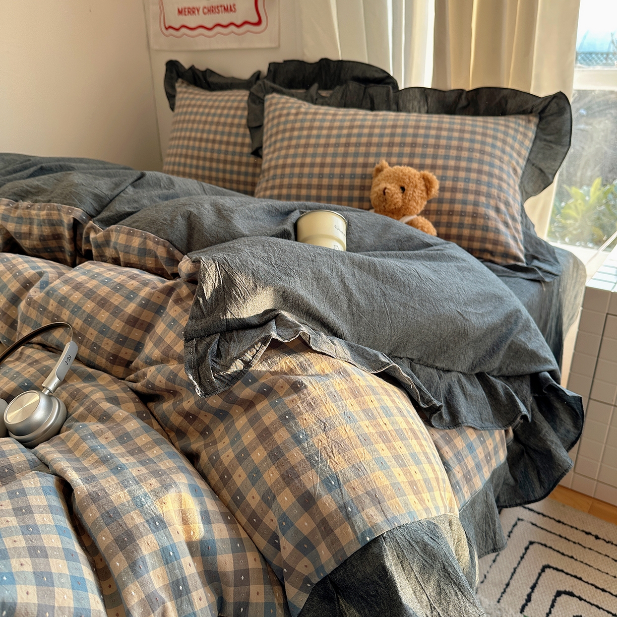 桃子家居 2026新款A类韩版花边纯棉色织提花格子撞色奶油四件套 棉花边提花-幻境蓝格