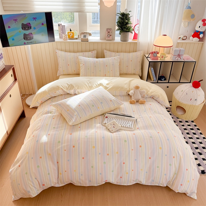 91家纺网 家纺一手货源 找家纺 夜笙家纺 2026新款古法水洗仿棉云感四件套 彩虹圆点