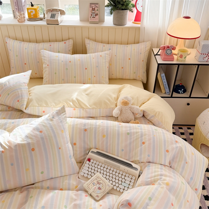 91家纺网 家纺一手货源 找家纺 夜笙家纺 2026新款古法水洗仿棉云感四件套 彩虹圆点