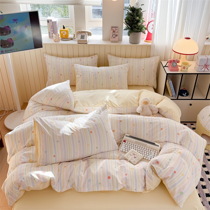 91家纺网 家纺一手货源 找家纺 夜笙家纺 2026新款古法水洗仿棉云感四件套 彩虹圆点