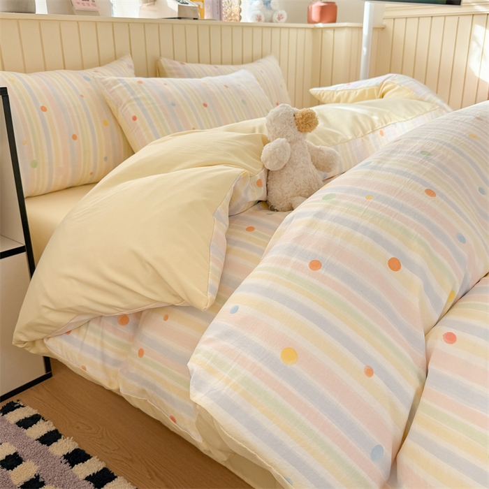 91家纺网 家纺一手货源 找家纺 夜笙家纺 2026新款古法水洗仿棉云感四件套 彩虹圆点