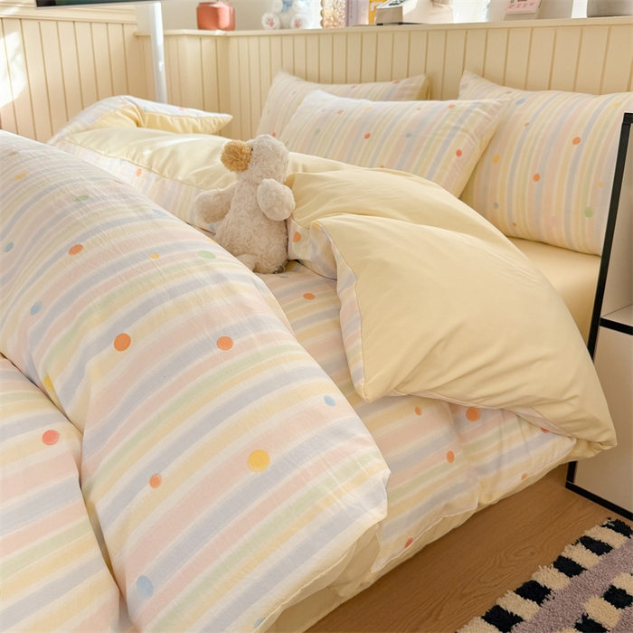 91家纺网 家纺一手货源 找家纺 夜笙家纺 2026新款古法水洗仿棉云感四件套 彩虹圆点