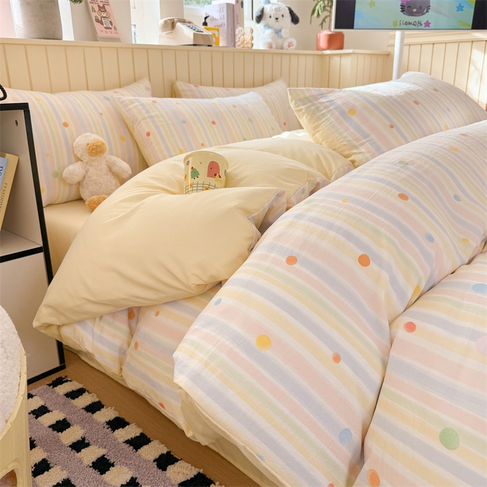 91家纺网 家纺一手货源 找家纺 夜笙家纺 2026新款古法水洗仿棉云感四件套 彩虹圆点