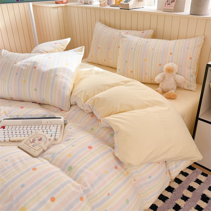 91家纺网 家纺一手货源 找家纺 夜笙家纺 2026新款古法水洗仿棉云感四件套 彩虹圆点