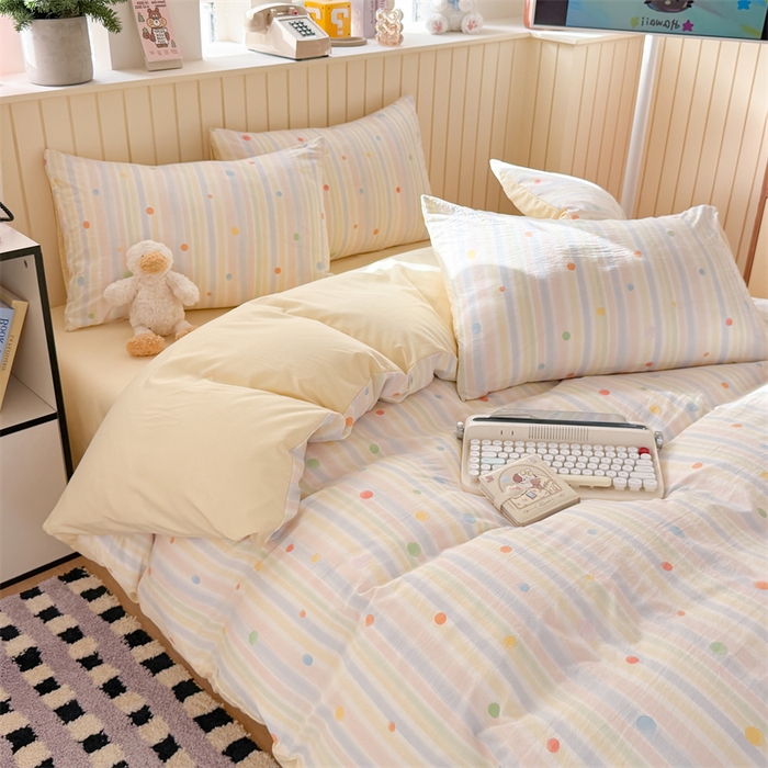 91家纺网 家纺一手货源 找家纺 夜笙家纺 2026新款古法水洗仿棉云感四件套 彩虹圆点