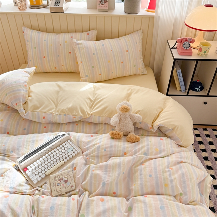 91家纺网 家纺一手货源 找家纺 夜笙家纺 2026新款古法水洗仿棉云感四件套 彩虹圆点