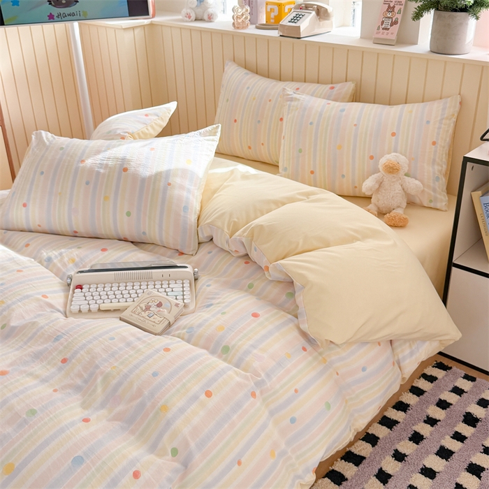 91家纺网 家纺一手货源 找家纺 夜笙家纺 2026新款古法水洗仿棉云感四件套 彩虹圆点