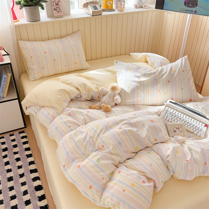 91家纺网 家纺一手货源 找家纺 夜笙家纺 2026新款古法水洗仿棉云感四件套 彩虹圆点