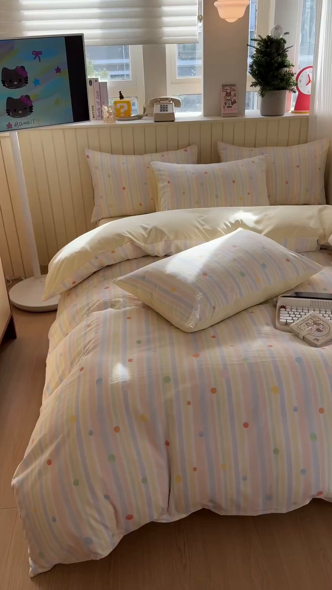 91家纺网 家纺一手货源 找家纺 夜笙家纺 2026新款古法水洗仿棉云感四件套 彩虹圆点