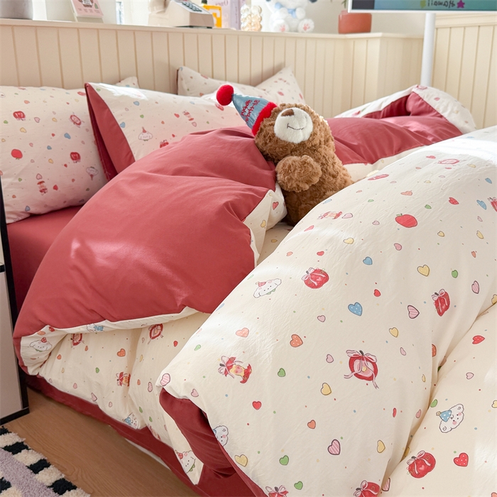 91家纺网 家纺一手货源 找家纺 夜笙家纺 2026新款古法水洗仿棉云感四件套 苹果乐园