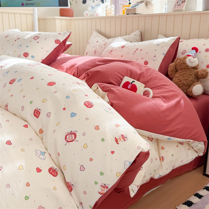 91家纺网 家纺一手货源 找家纺 夜笙家纺 2026新款古法水洗仿棉云感四件套 苹果乐园