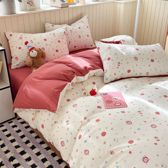 91家纺网 家纺一手货源 找家纺 夜笙家纺 2026新款古法水洗仿棉云感四件套 苹果乐园