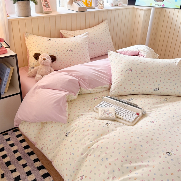 91家纺网 家纺一手货源 找家纺 夜笙家纺 2026新款古法水洗仿棉云感四件套 软芙小狗