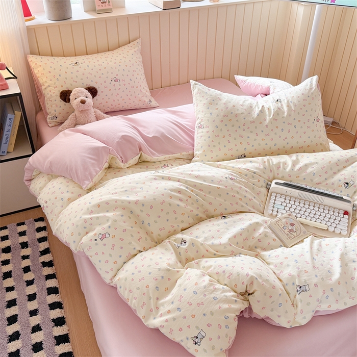 91家纺网 家纺一手货源 找家纺 夜笙家纺 2026新款古法水洗仿棉云感四件套 软芙小狗