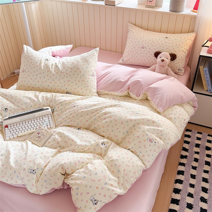 91家纺网 家纺一手货源 找家纺 夜笙家纺 2026新款古法水洗仿棉云感四件套 软芙小狗