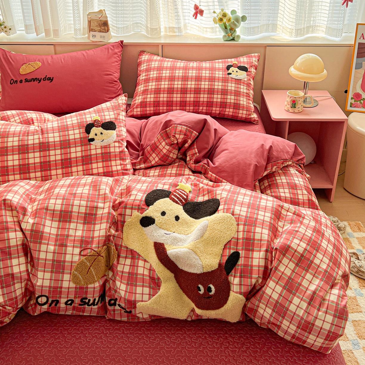 鑫喜莱家纺 2026新款全棉纯棉13372床盖款原创毛巾绣四件套 面包小狗