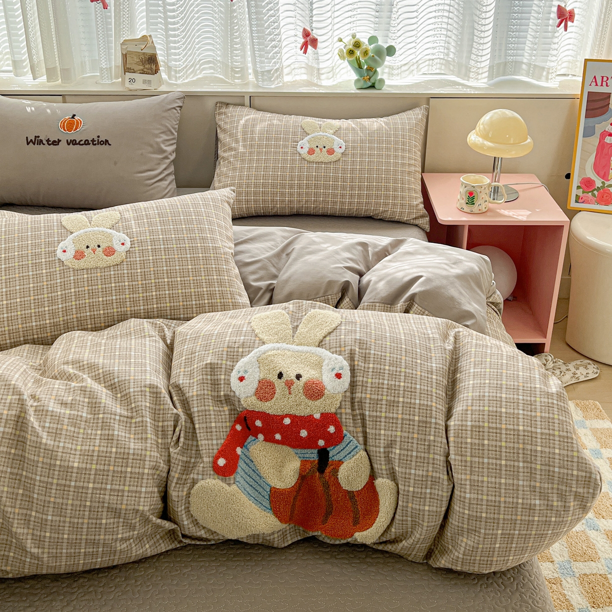 鑫喜莱家纺 2026新款全棉纯棉13372床盖款原创毛巾绣四件套 南瓜小兔