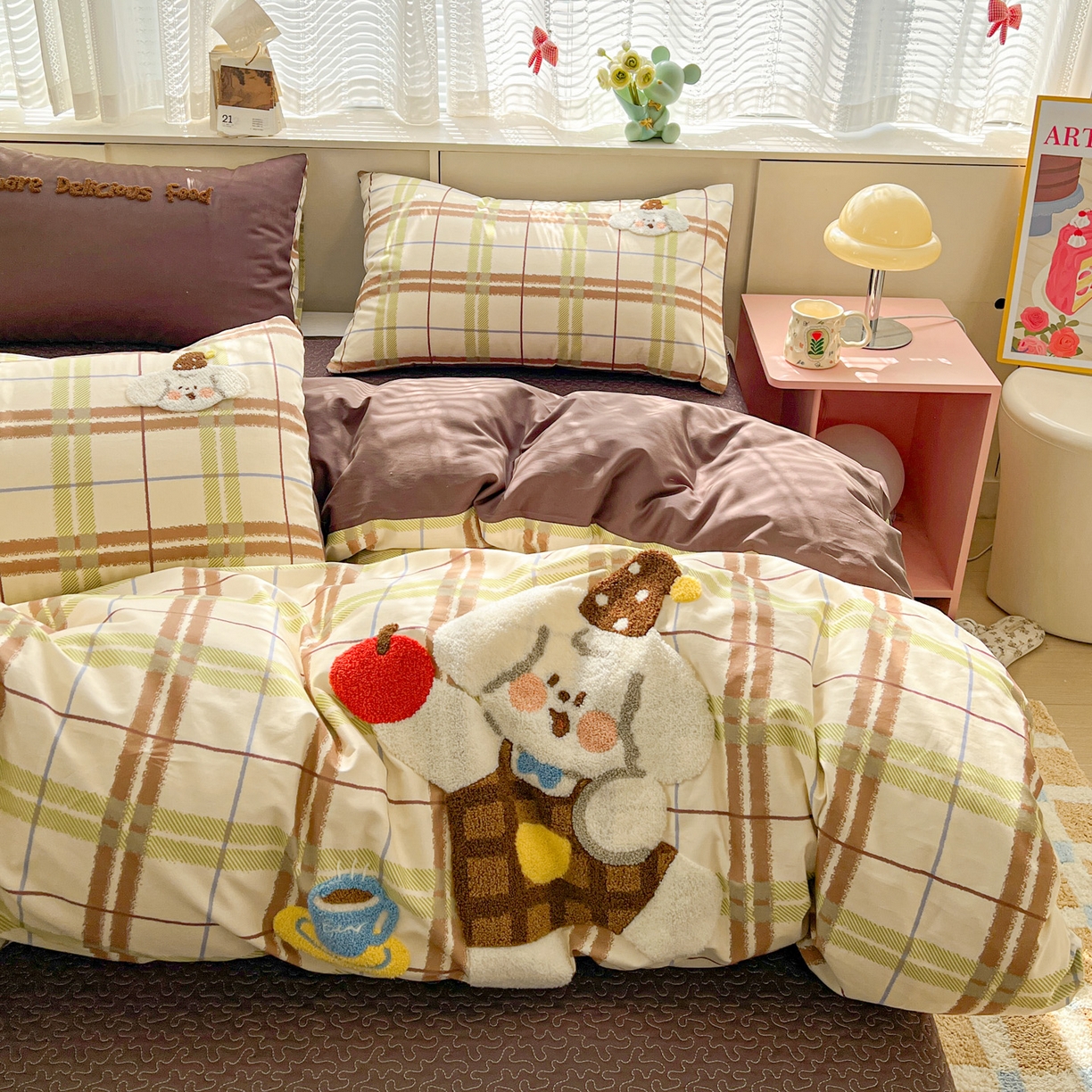 鑫喜莱家纺 2026新款全棉纯棉13372床盖款原创毛巾绣四件套 苹果小狗