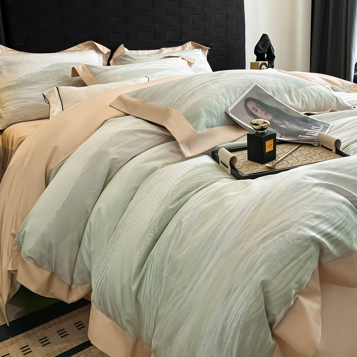 91家纺网 家纺一手货源 找家纺 置顶家纺 2026春夏新款数码印花亲肤棉系列四件套-瓦伦西亚 瓦伦西亚-浅香槟