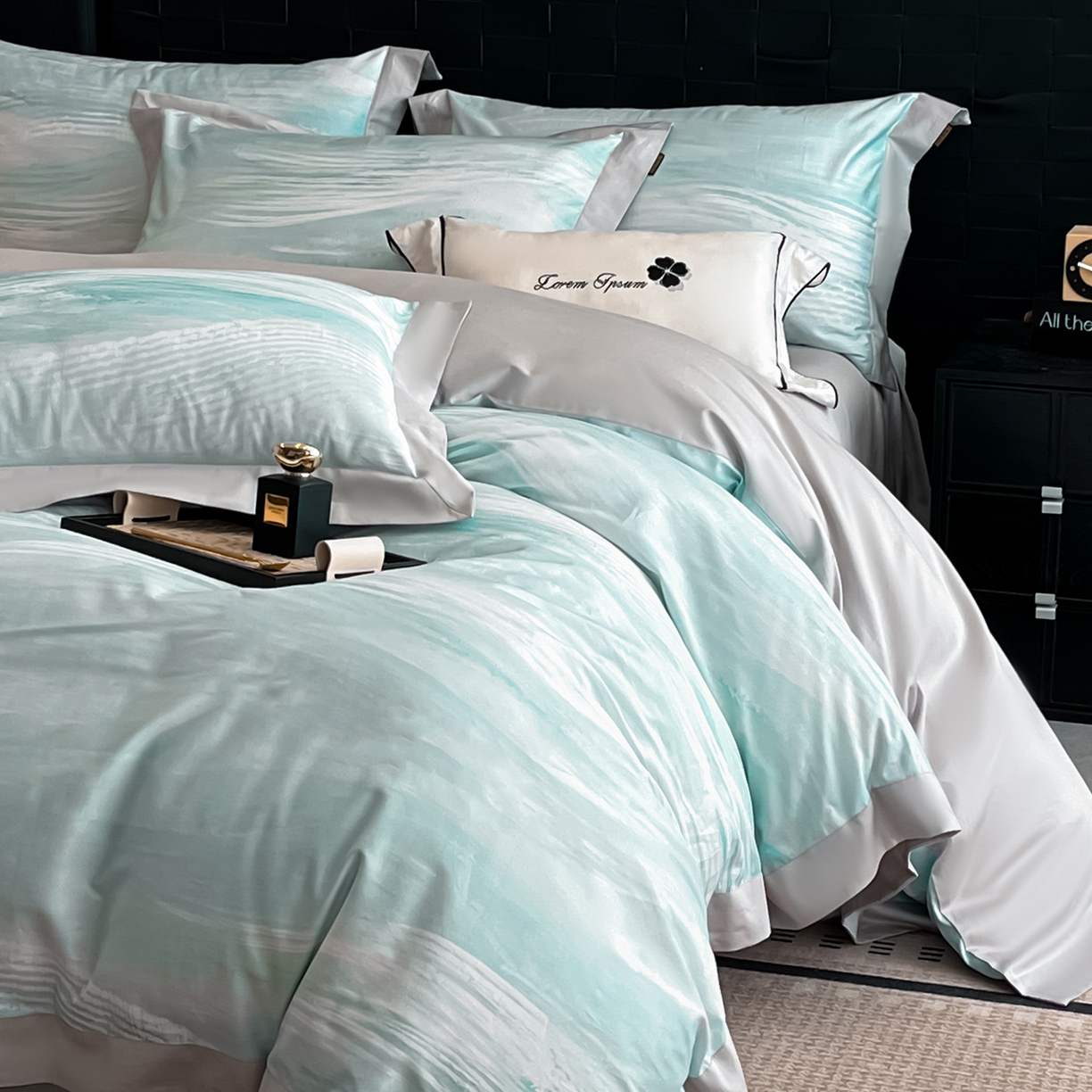 91家纺网 家纺一手货源 找家纺 置顶家纺 2026春夏新款数码印花亲肤棉系列四件套-瓦伦西亚 瓦伦西亚-山灰