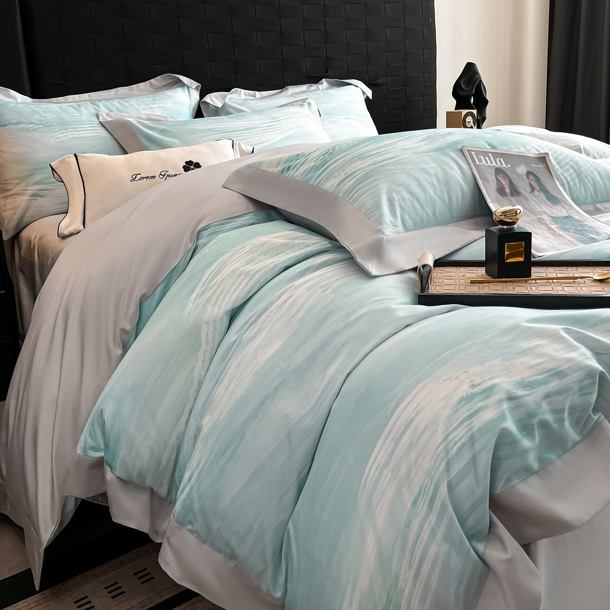 91家纺网 家纺一手货源 找家纺 置顶家纺 2026春夏新款数码印花亲肤棉系列四件套-瓦伦西亚 瓦伦西亚-山灰