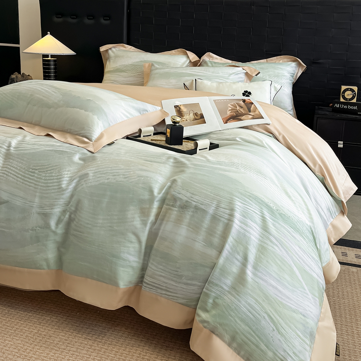 91家纺网 家纺一手货源 找家纺 置顶家纺 2026春夏新款数码印花亲肤棉系列四件套-瓦伦西亚 瓦伦西亚-浅香槟