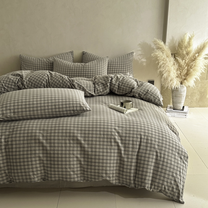 91家纺网 家纺一手货源 找家纺 ab家纺 2026新款色织水洗棉全棉四件套 北泽-米灰