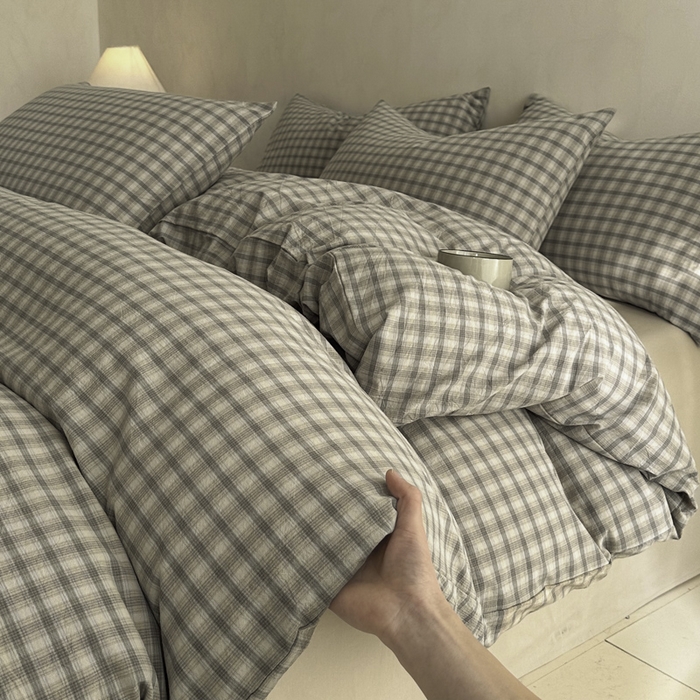 91家纺网 家纺一手货源 找家纺 ab家纺 2026新款色织水洗棉全棉四件套 北泽-米灰