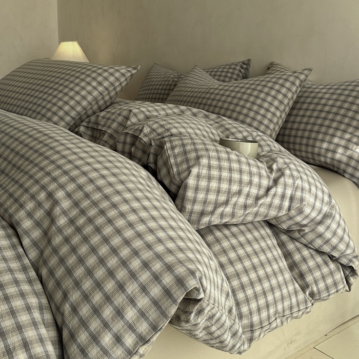 91家纺网 家纺一手货源 找家纺 ab家纺 2026新款色织水洗棉全棉四件套 北泽-米灰