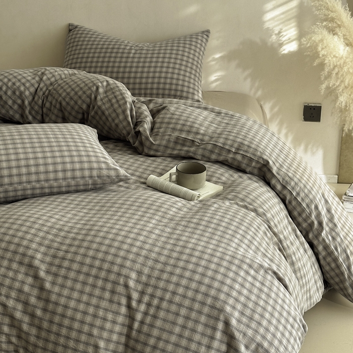 91家纺网 家纺一手货源 找家纺 ab家纺 2026新款色织水洗棉全棉四件套 北泽-米灰