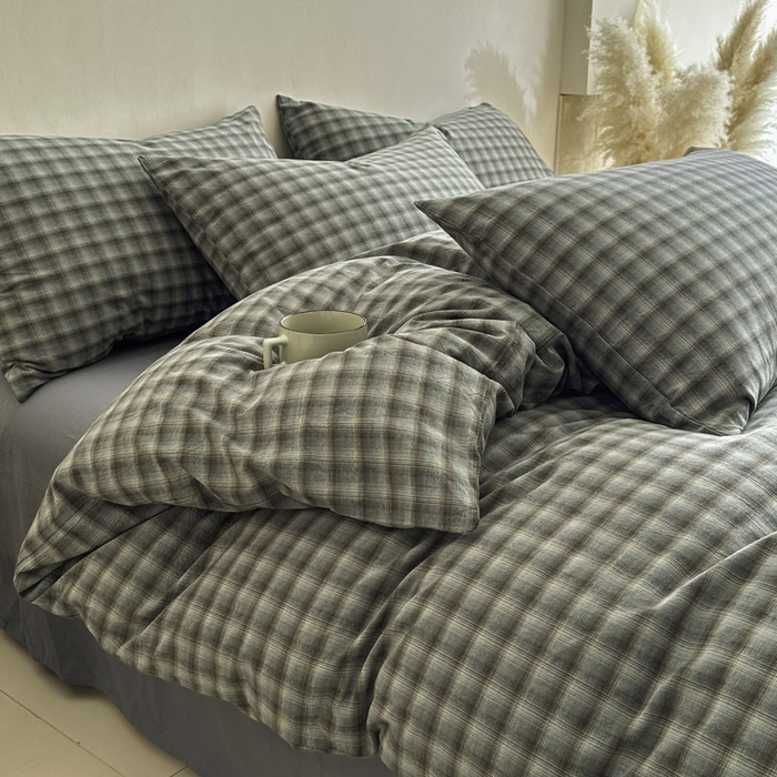 91家纺网 家纺一手货源 找家纺 ab家纺 2026新款色织水洗棉全棉四件套 黄昏-蓝