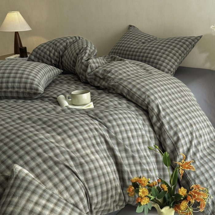 91家纺网 家纺一手货源 找家纺 ab家纺 2026新款色织水洗棉全棉四件套 黄昏-蓝