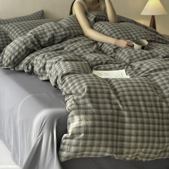 91家纺网 家纺一手货源 找家纺 ab家纺 2026新款色织水洗棉全棉四件套 黄昏-蓝