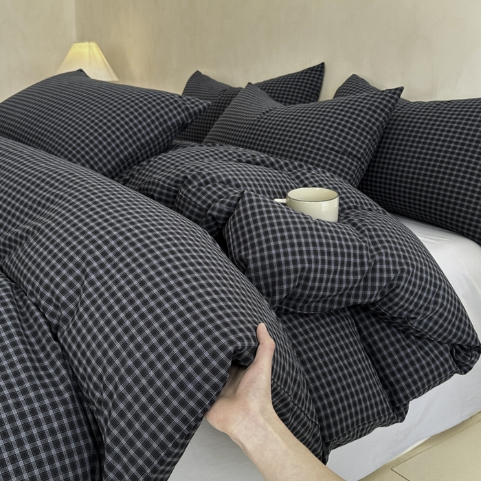 91家纺网 家纺一手货源 找家纺 ab家纺 2026新款色织水洗棉全棉四件套 空野-墨蓝