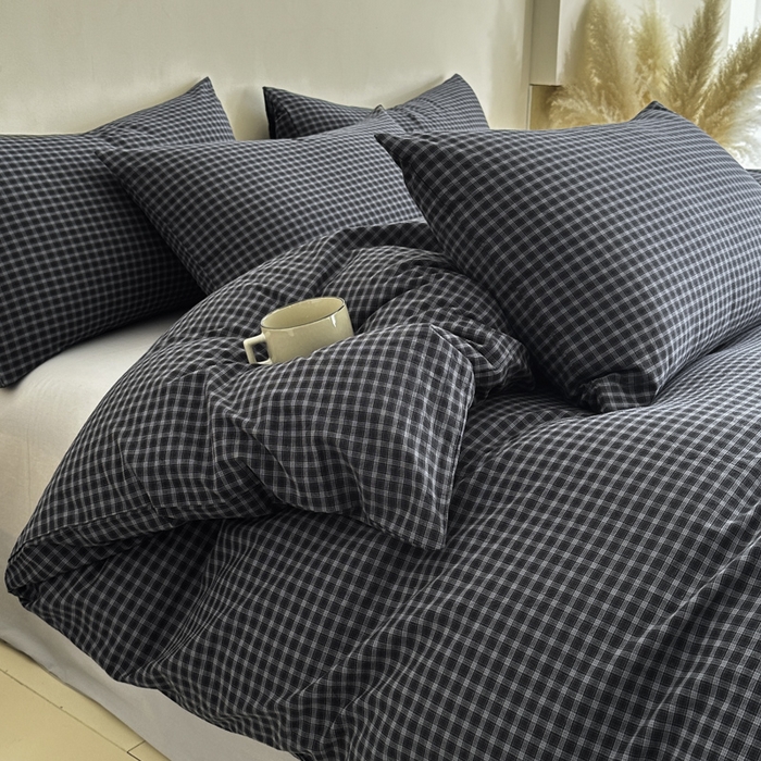 91家纺网 家纺一手货源 找家纺 ab家纺 2026新款色织水洗棉全棉四件套 空野-墨蓝