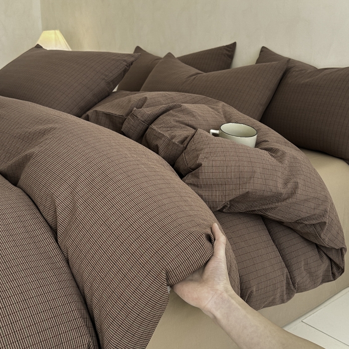 91家纺网 家纺一手货源 找家纺 ab家纺 2026新款色织水洗棉全棉四件套 山柚-棕