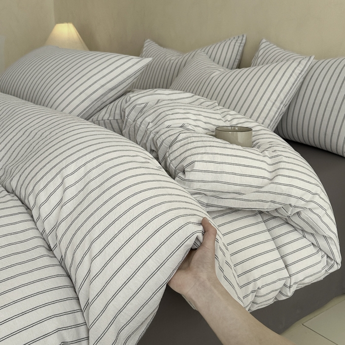 91家纺网 家纺一手货源 找家纺 ab家纺 2026新款色织水洗棉全棉四件套 双条-灰