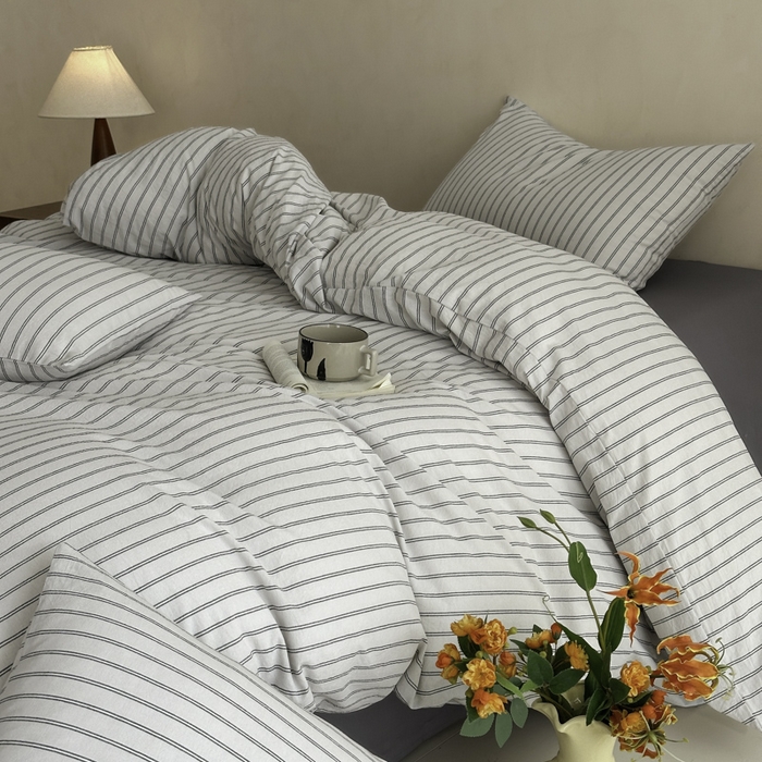 91家纺网 家纺一手货源 找家纺 ab家纺 2026新款色织水洗棉全棉四件套 双条-灰