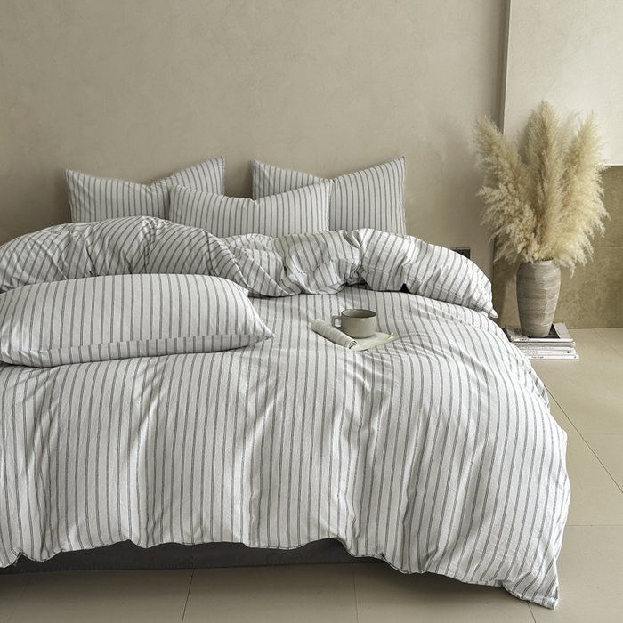 91家纺网 家纺一手货源 找家纺 ab家纺 2026新款色织水洗棉全棉四件套 双条-灰