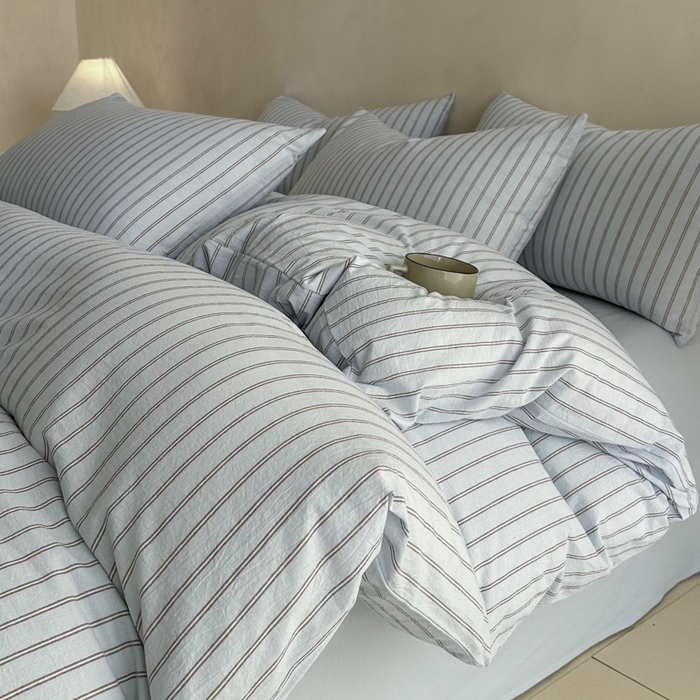 91家纺网 家纺一手货源 找家纺 ab家纺 2026新款色织水洗棉全棉四件套 双条-蓝