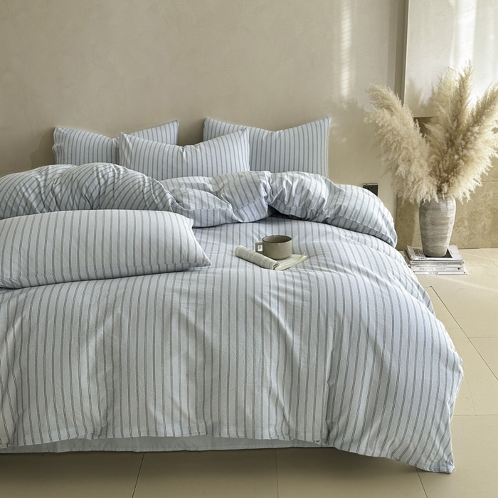 91家纺网 家纺一手货源 找家纺 ab家纺 2026新款色织水洗棉全棉四件套 双条-蓝