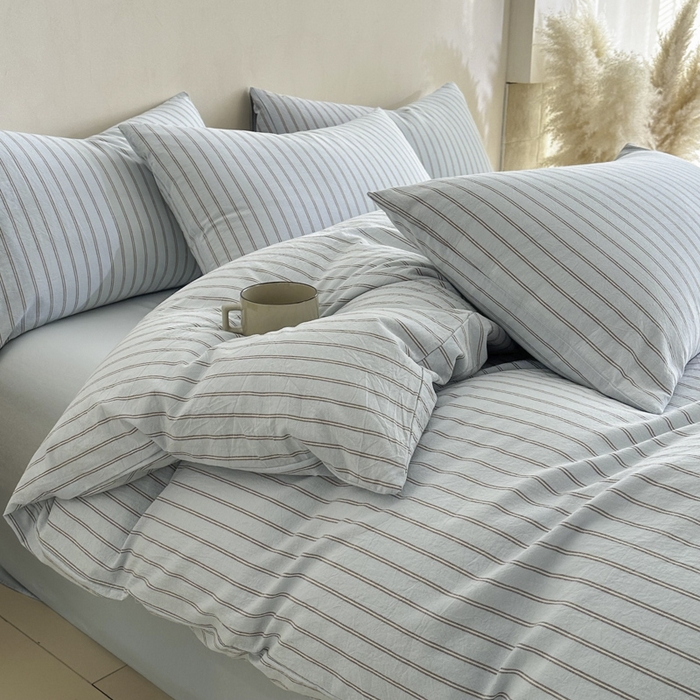 91家纺网 家纺一手货源 找家纺 ab家纺 2026新款色织水洗棉全棉四件套 双条-蓝