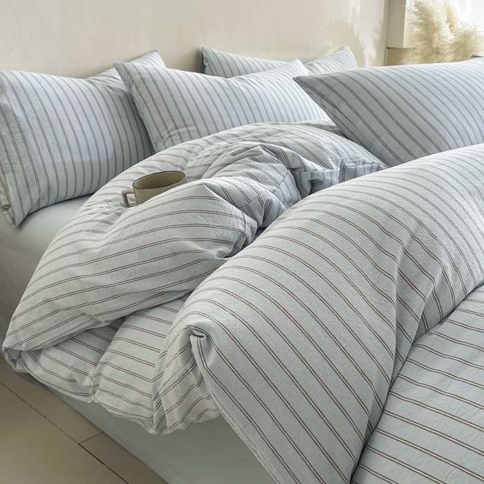 91家纺网 家纺一手货源 找家纺 ab家纺 2026新款色织水洗棉全棉四件套 双条-蓝