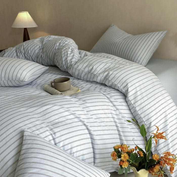 91家纺网 家纺一手货源 找家纺 ab家纺 2026新款色织水洗棉全棉四件套 双条-蓝