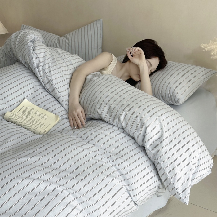 91家纺网 家纺一手货源 找家纺 ab家纺 2026新款色织水洗棉全棉四件套 双条-蓝