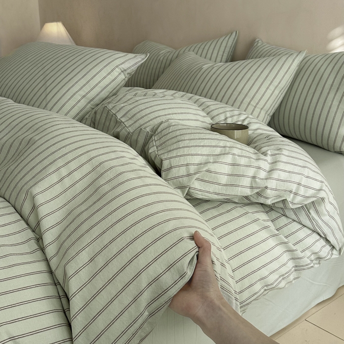 91家纺网 家纺一手货源 找家纺 ab家纺 2026新款色织水洗棉全棉四件套 双条-绿